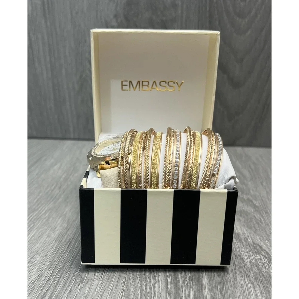 Vtg Embassy Womens Quartz Watch Gift Set Gold Tone Crystal Accents w/ Bangles
